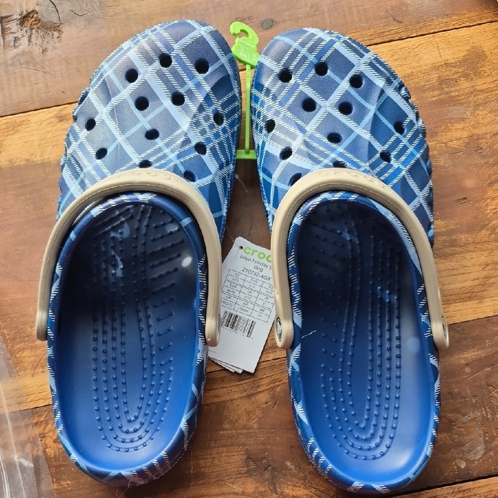 CROCS Kids Blue and White Plaid Slippers
